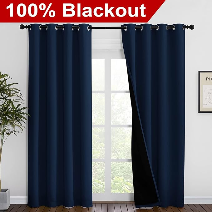 NICETOWN 100% Blackout Curtain Set, Thermal Insulated & Energy Efficiency Window Draperies for Guest Room, Full Shading Panels for Shift Worker and Light Sleepers, Navy Blue, 55W x 86L, 2 PCs - Image 2