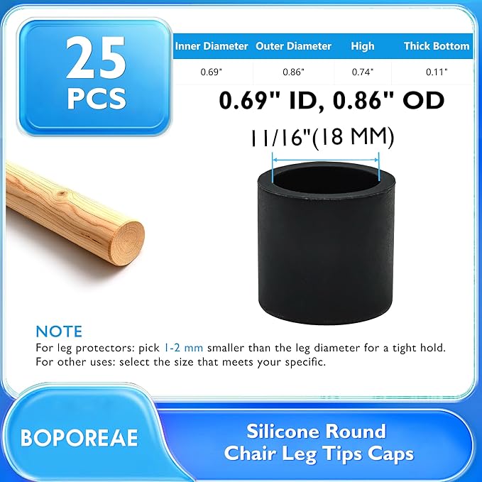 25 Pcs 11/16"(18 mm) Round Chair Leg Tips Caps, Silicone Rubber Furniture Leg Floor Protectors, Reduce Noise Folding Metal Chair Leg Cap Replacement for Bar Stool Leg Patio Indoor, Black - Image 9