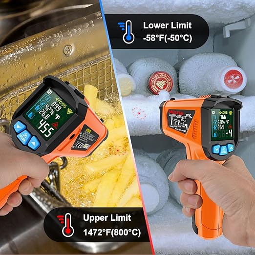 MESTEK Infrared Thermometer Gun, Non Contact Digital Laser Thermometer Temperature Gun with Color LCD for Cooking, Home Repairs, Humidity Measurement, Adjustable Emissivity -58°F to 1472°F(-50~800°C) - Image 5