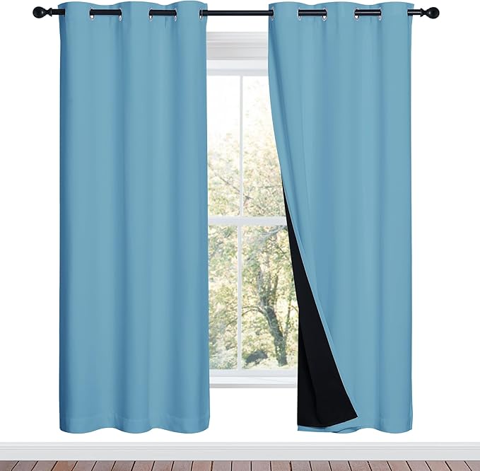 NICETOWN 100% Blackout Window Curtain Panels, Teal Blue, 2 Pieces, 42-inch Wide Per Panel, Full Light Blocking Drapes with Black Liner for Nursery, 72-inch Drop Thermal Insulated Draperies by NICETOWN