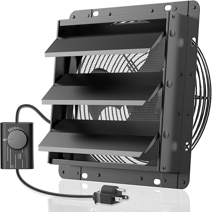 HG Power 10 Inch Shutter Exhaust Fan with Speed Controller, 647CFM High-Speed Vent Fan with, 1400RPM Wall Mounted Attic Fan for Shed, Garage, Greenhouse Ventilation, Black by HGPOWER