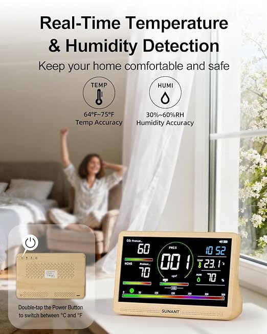16 in 1 Indoor Air Quality Monitor, 7" Display 9 AQI +7 AQI Alerts, CO2 Monitor Tester for CO2, HCHO, TVOC, PM1.0 PM2.5 PM10 Temperature Humidity AQI & Time Air Quality Meter for Home Office - Image 5