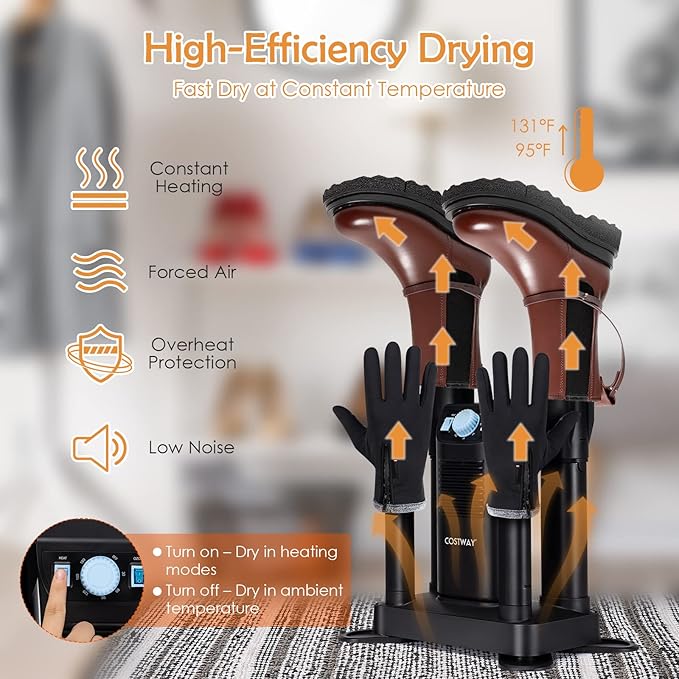 COSTWAY Boot Dryer, Shoe Dryers with 180 Mins Timer & Heating Blower, Ozone Disinfection, Extendable Design, Electric Shoe and Boot Warmer for Work Boots, Ski, Glove, Hats, Black - Image 2