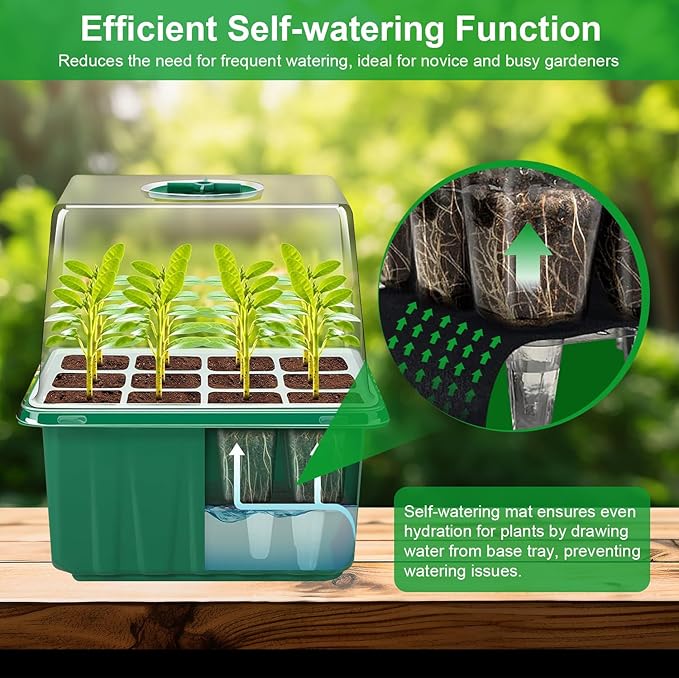 YAUNGEL Self-Watering Seed Starter Trays with Grow Light, 6-Pack 72-Cell Seed Starter Kit with Timing Controller Adjustable Brightness, Thicken Seed Starter Kit Humidity Dome Heightened Lids, Green - Image 2
