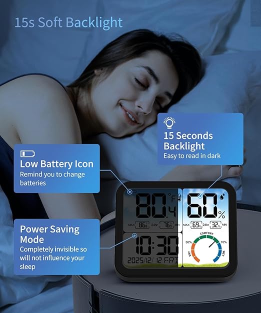 VOCOO Digital Indoor Room Thermometer - 5.8'' Extra Large Display Temperature Humidity Sensor with Accurate Temp Humidity Gauge Monitor, Calibration, Max & Min Records, Comfort, Backlit, Date & Clock - Image 5