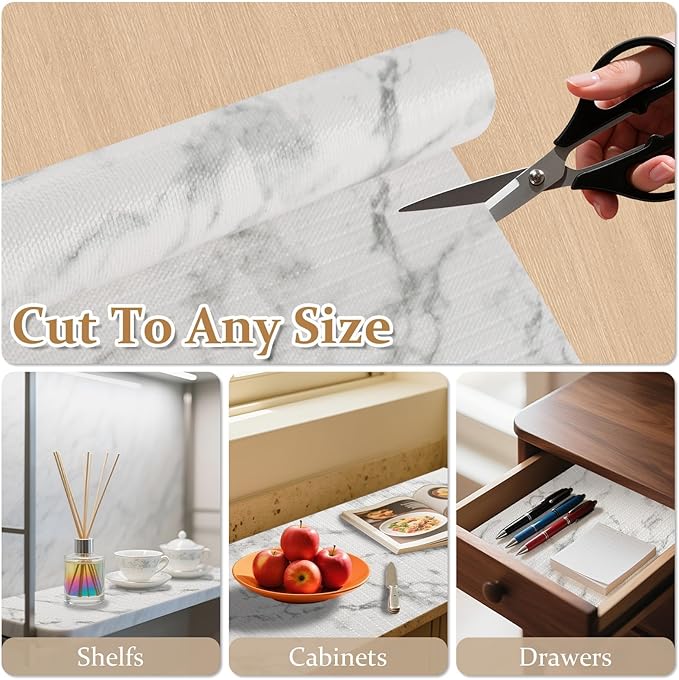 FINNEZ Drawer and Shelf Liner for Kitchen Cabinet Non Adhesive Non Slip 17in x 10FT, Heavy Duty Gripper Cabinet Liners, Waterproof No Residue Easy Cut with Measuring Tape & Cutter Tool (White Marble) - Image 7