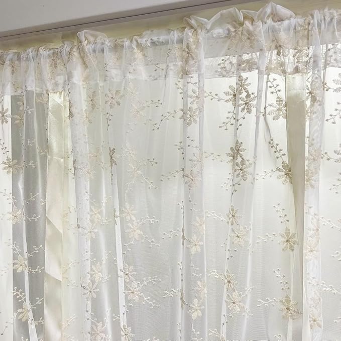 Beige Romantic Little Floral Woven Lace Tie Up Balloon Curtain for Kitchen Liftable Tier Roman Blind Victorian Drapes for Small Window Cafe Balcony Rod Pocket 1 Panel (55Wx39L inch) - Image 9