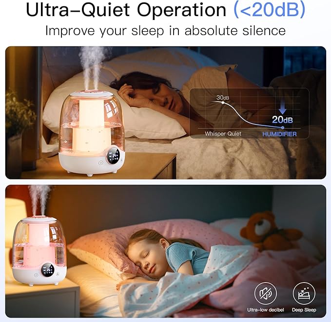 Humidifiers for Bedroom, 3L Tank for 30H 20dB Quiet Mist Time, Dual Nozzles, LED Lights, Smart Timer (2/4/8 Hours), Auto Shut-Off, Perfect for Baby and Large Rooms (White) - Image 2