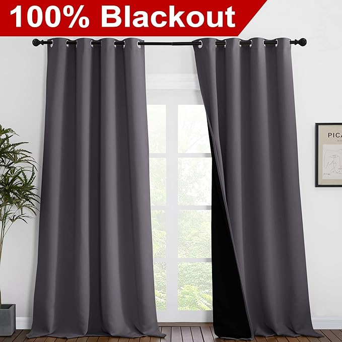 NICETOWN 100% Blackout Blinds, Laundry Room Decor Window Treatment Curtains for Large Patio Sliding Door, Thermal Insulated Grey Curtains for Bedroom, Set of 2, 55 inches x 102 inches - Image 2