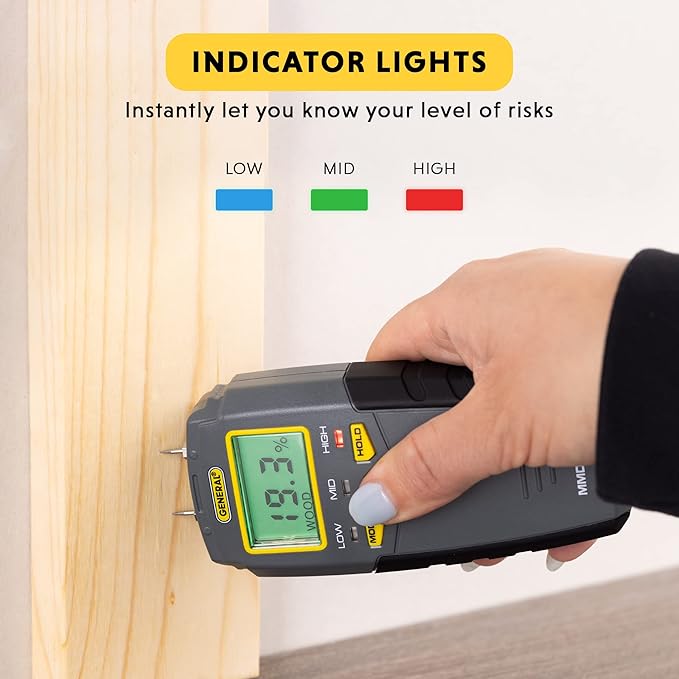 General Tools MMD4E Digital Moisture Meter, Water Leak Detector, Moisture Tester, Pin Type, Backlit LCD Display With Audible and Visual High-Medium-Low Moisture Content Alerts, Grays - Image 4