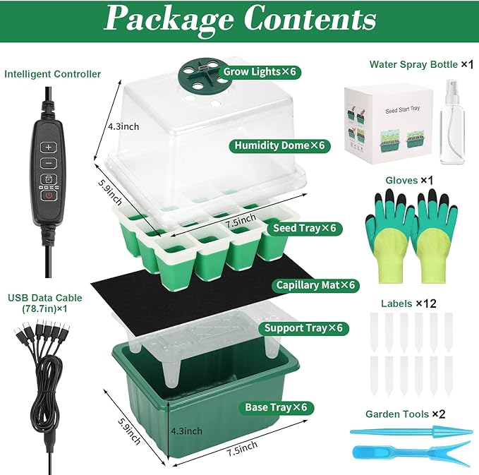 Mckanti 6 Set Self-Watering Seed Starter Tray Kits with Grow Light, Reusable Seed Germination Kit with Adjustable Humidity Domes and Silicone Cell Base Tray for Indoor Plant Seeds GerminationKit - Image 2