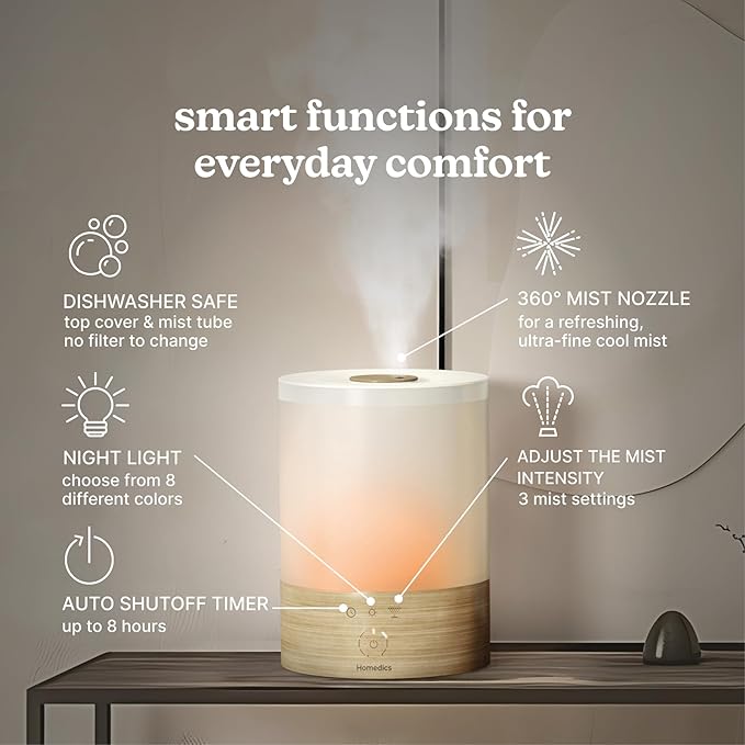 Homedics Cool Mist Ultrasonic Humidifier, 8-Colors Night Light, 0.66 Gal Top-Fill Tank, 24Hr Runtime, 3 Mist Settings, 360° Mist for 329 sq ft Rooms, Aromatherapy, Clean Tank Tech, Auto Shutoff - Image 3