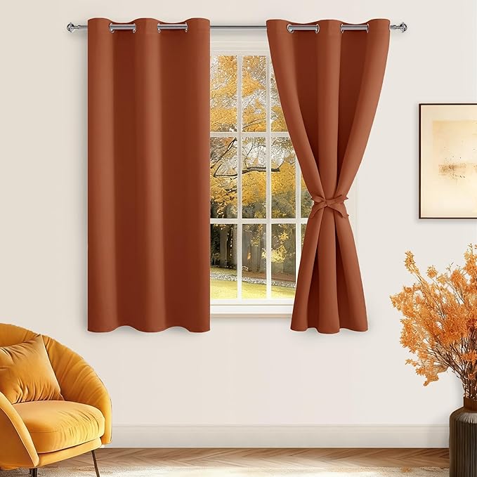 Hiasan Short Blackout Curtains for Bedroom - Thermal Insulated & Energy Saving Window Curtains for Living Room, 2 Drape Panels Sewn with Tiebacks for Fall Home Decor, Burnt Ochre, 38 x 45 Inch - Image 2