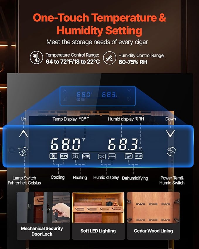 VEVOR Electric Humidor, 288L, 1700 Counts Electric Cigar Humidor Cabinet with Compressor Cooling, Constant Humidity & Temperature Control, Spanish Cedar Wood Shelves & Drawers, 7 Layers, for Household - Image 2