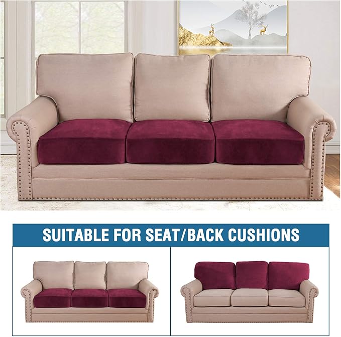 H.VERSAILTEX Velvet Stretch Couch Cushion Cover Plush Cushion Slipcover for Chair Loveseat Sofa Cushion Furniture Protector Seat Cushion Sofa Cover (3 Piece Sofa Cushion Covers, Burgundy) - Image 3