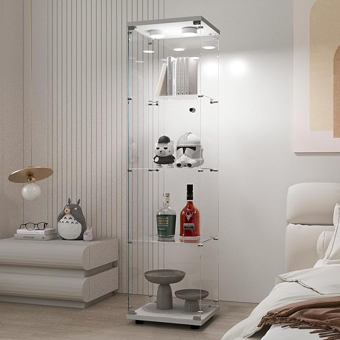 Yoluckea 4-Tier Glass Display Cabinet with Paipai Light, 1-Door Floor Standing Curio Cabinet with Adjustable Floor Feet for Home Office Corner Display, White Glass Bookshelf for Collections and Decor - Image 6