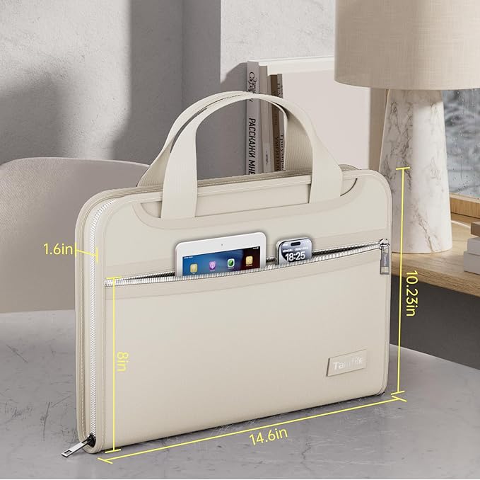 Tamfile Fireproof Accordion File Organizer with Handle, 13 Pocket Expanding File Folder with Zipper & Labels, File Folder with Multi-Pockets Paper Organizer Folder for Letter A4 Files, Beige - Image 4