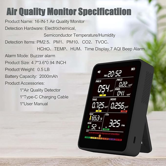 Professional Indoor Air Quality Monitor with AQI Beep Alarms, Portable Real-Time Detector for Home Cars Plants and Pets (Black) - Image 7