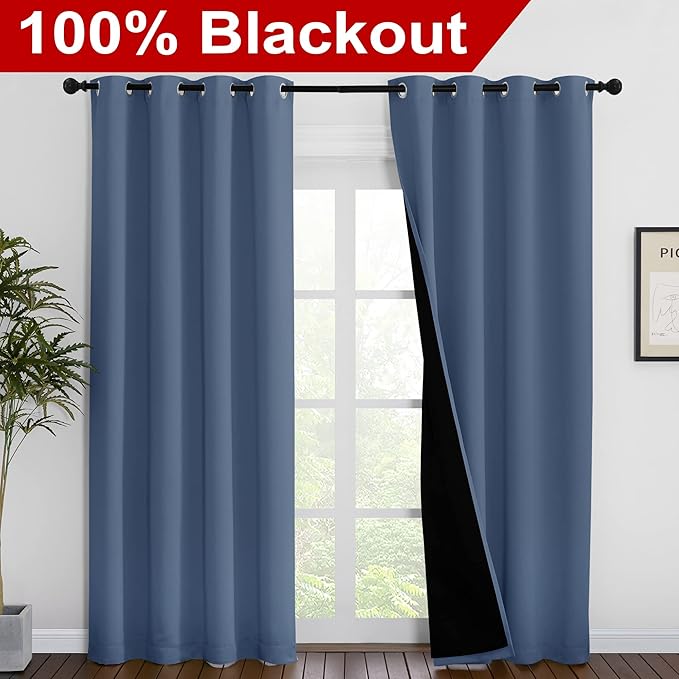 NICETOWN 100% Blackout Curtains 86 inches Long, Pair of Energy Smart & Noise Blocking Out Drapes for Baby Room Window, Thermal Insulated Guest Room Lined Window Dressing (Stone Blue, 55 inches Wide) - Image 2