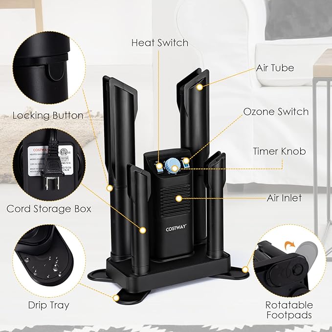 COSTWAY Boot Dryer, Shoe Dryers with 180 Mins Timer & Heating Blower, Ozone Disinfection, Extendable Design, Electric Shoe and Boot Warmer for Work Boots, Ski, Glove, Hats, Black - Image 8