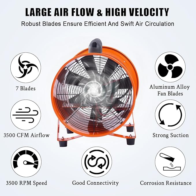 12 in Utility Blower Exhaust Fan with 32.8 ft Duct, 3500 r/min & 3500 CFM Heavy Duty Blower Fan, High Velocity Low Noise Extraction and Ventilation Fan for Ventilating Workshops, Confined Space - Image 5