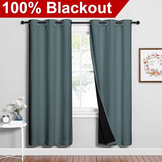 NICETOWN Full Shade Curtain Panels, 37" Wide x 70" Long, Greyish Blue, Pair of Thermal Insulated & Energy Efficiency Blackout Drapes for Living Room, Lined Silky Performance Window Dressing - Image 2
