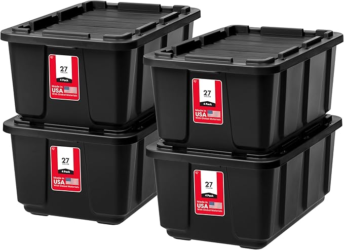 IRIS USA 4-Pack 27 Gallon Storage Bins with Lids |Made in USA| Heavy Duty Plastic Tote Containers for Truckbed Tool Box Organization, Large - Black by IRISUSA