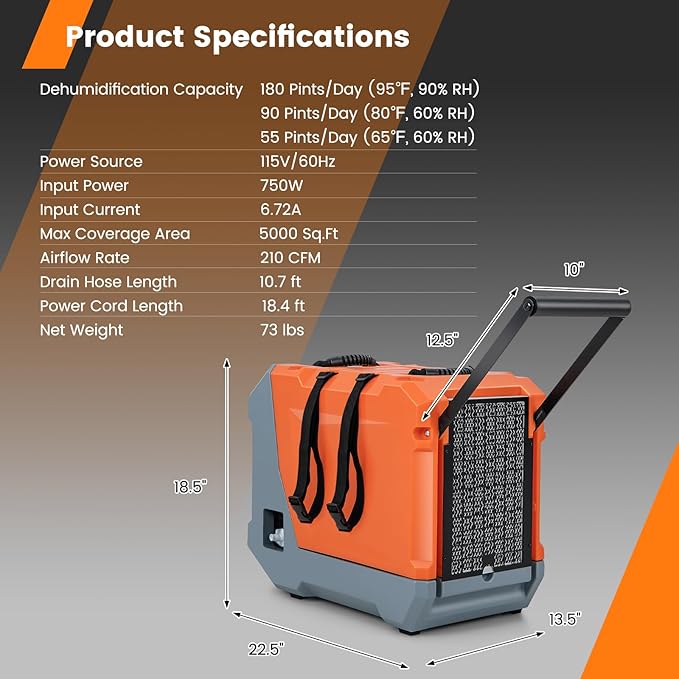 COSTWAY 180 PPD Crawl Space Dehumidifier with Pump, Drain Hose, Auto Defrost, 6,000 Sq. Ft Commercial Dehumidifier for Basement, Warehouse, Job Site, Water Damage Restoration, Orange - Image 6