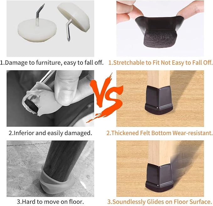 Ezprotekt 24 Pcs Square Chair Leg Floor Protectors with Felt, Silicone Felt F for Hardwood Floor, Dining Table Leg Caps Covers No Scratches (L Fit: 1" - 1.4", Dark Brown) - Image 5