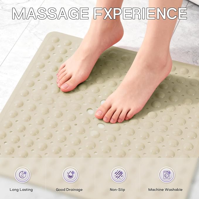 Anti-Slip Bathtub Shower mat, 20.8×20.8（Approximately 53×53cm） inch Soft Oversized Machine Washable Non-Slip Bathtub mat with Drainage Holes, Bathroom Floor Suction Cup.（1-Opaque Khaki） - Image 4