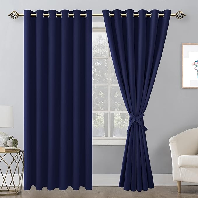 Hiasan Grommet Blackout Curtains for Bedroom, 70 x 84 Inches - Thermal Insulated & Light Blocking Window Drapes for Living Room/Dorm Room, Set of 2 Panels Sewn with Tiebacks, Navy Blue - Image 2