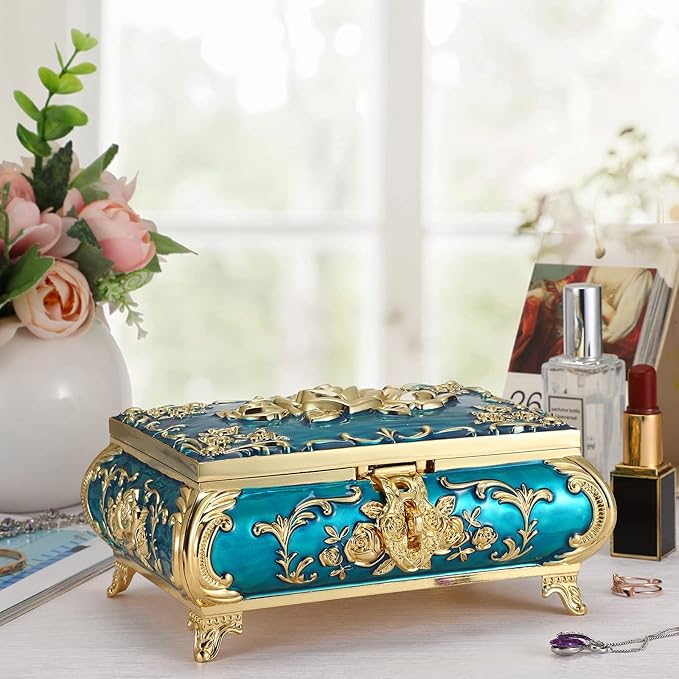 Hipiwe Metal Decorative Jewelry Box Vintage Treasure Chest Case Ornate Trinket Organizer Earrings Necklace Bracelet Storage Box Ring Holder Keepsake Box for Women - Image 4