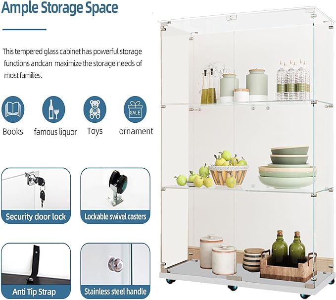 Yoluckea 3 Tiers Glass Display Cabinet with Bluetooth LED Light Strip, 2 Doors Floor Standing Curio Cabinet with Universal Wheel for Home, White Glass Bookshelf for Collections, Clear Top - Image 4