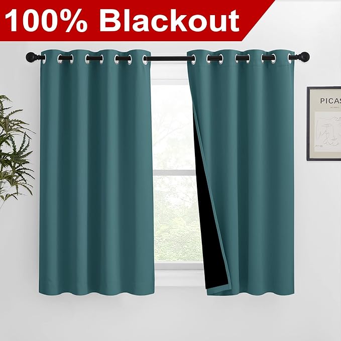 NICETOWN 100% Blackout Curtains with Black Liners, Thermal Insulated 2-Layer Lined Drapes, Room Warming Small Window Draperies for Dining Room (Sea Teal, 2 Panels, 46 inches W by 54 inches L) - Image 2