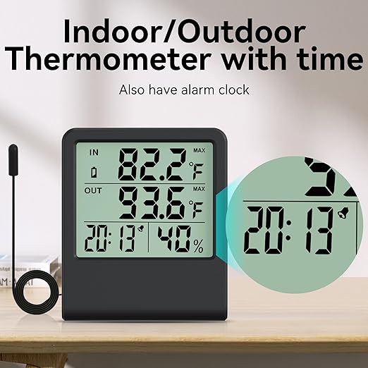 4-in-1 Thermometer Hygrometer with Alarm Clock, Large LCD, 1.5 m Waterproof Probe for Fridge/Greenhouse/Aquarium, 10-Second Refresh, Max/Min, °C/°F, Wall/Desk/Magnetic Mount - Image 4