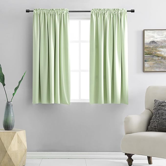DONREN Light Green Blackout Curtains 48 inches Long for Short Window, Rod Pocket Thermal Insulated Energy Efficiency Window Draperies for Kids Room (2 Panels, 52-inch Wide by 48-inch Long) by DONREN