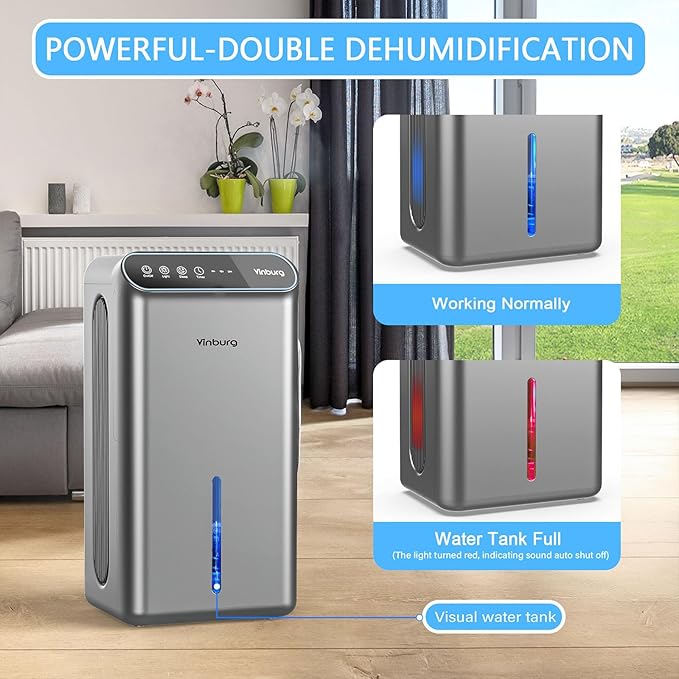 Dehumidifier for Basement (85 OZ, 800 sq ft) Quiet Dehumidifiers for Home, Auto Shut-Off, Sleep Mode, 3 Gear Timer(8H,16H,24H), Small Dehumidifier for Bedroom, Bathroom with Drain Hose(Gray Black) - Image 5