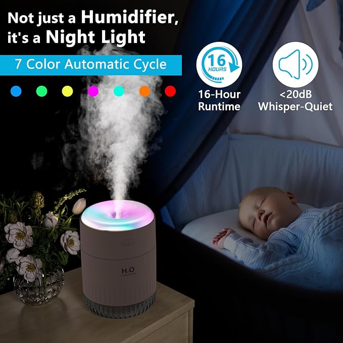 Colorful Mini Humidifier, USB Rechargeable Humidifier, small humidifier, 4 Modes Super Quiet, Humidifiers For Bedroom,Suitable For Travel Office Family Baby Bedroom-Soft Pink - Image 3