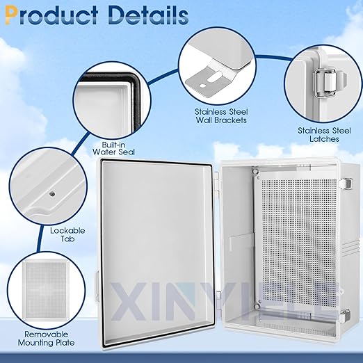Waterproof Outdoor Project ABS Plastic Junction Box IP67 Weatherproof Dustproof Enclosure with Hinged Cover, Mounting Plate,Wall Brackets for Power Project (Grey,17.7"x13.8"x7.9") - Image 3