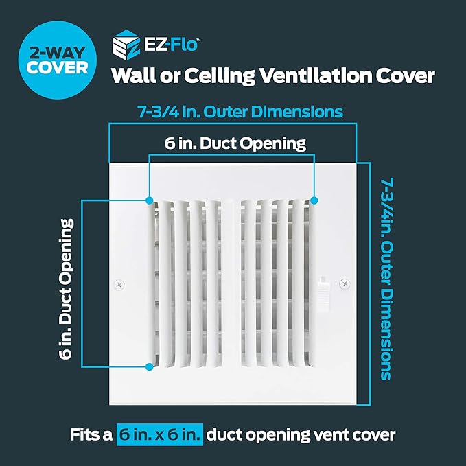 EZ-FLO 6 x 6 Inch (Duct Opening) Air Vent Cover for Wall or Ceiling, Two-Way Ventilation Register, Solid Steel HVAC Register Cover, White, 61660 - Image 2
