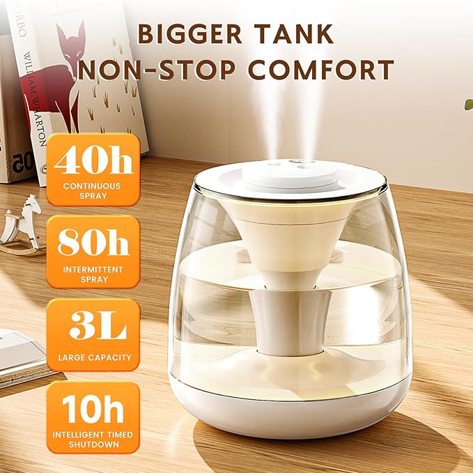 Humidifiers for Bedroom, 3 L Cool Mist Top-Fill 40H Super Long Time, 23dB Quiet, Baby Humidifier, Oil Diffuser for Large Room, Plants, Nursery, Office, 7 Color Light Ultrasonic (white) - Image 3