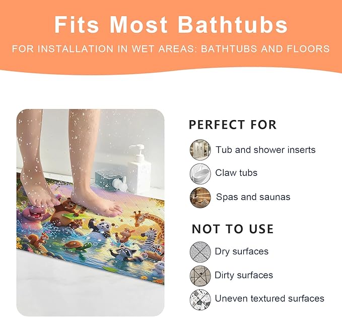 XIYUNTE Upgrade Baby Bath Mat Non Slip - 40"x16" Extra Long Kids Bath Mat for Tub Non Slip Bathtub Mat Eco-Friendly Toddler Bath Mats with Suction Cups, Machine Washable and No Fading, Animal Dusk - Image 6