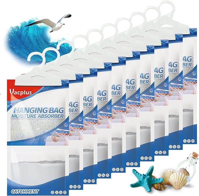 Vacplus Moisture Absorbers, Hanging Closet Dehumidifier Bags, Humidity Packs, Desiccant, Closet Dehumidifiers with Ocean Breeze Fragrance, 10 Pack, 9.8 OZ by Vacplus