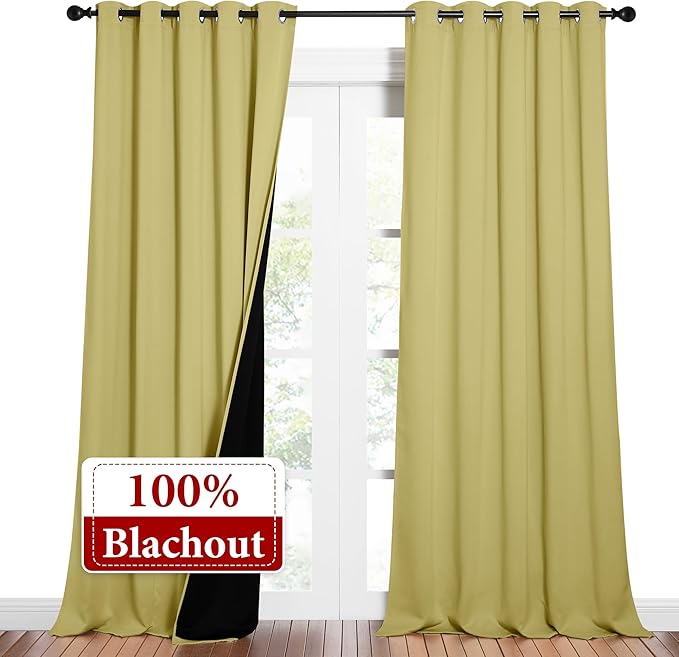 NICETOWN Total Shade Curtains and Draperies, Heavy-Duty Full Light Shading Drapes with Black Liner Backing for Villa/Hall/Dorm Window（Paler Yellow, Package of 2 Panels, 62 inches Wide x 95 inches Long - Image 2