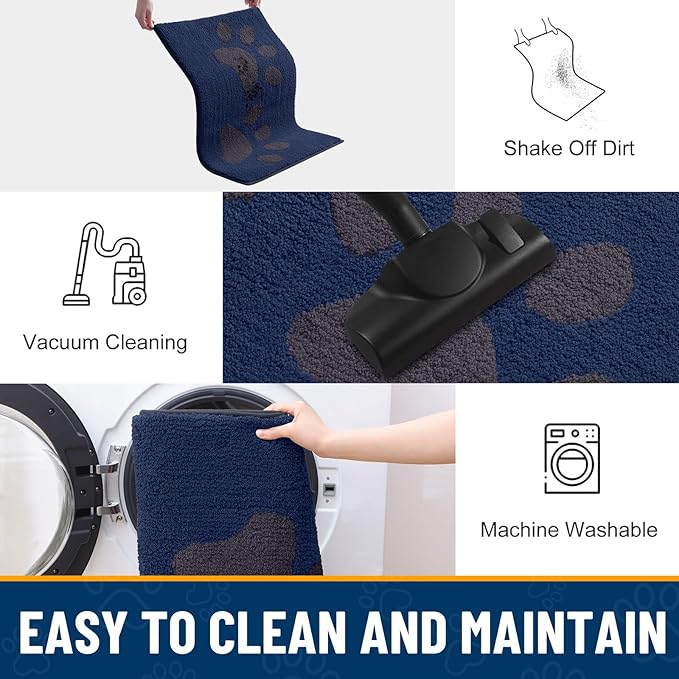 Smiry Dog Door Mat for Muddy Paws, Absorbs Moisture and Dirt, Low-Profile Entryway Mat with Non-Slip Backing, Entry Indoor Outdoor Doormat for Inside Floor (30x20 Inches, Navy Blue, Paw) - Image 8