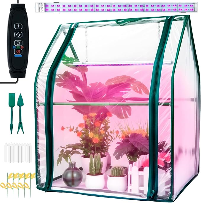 Mini Greenhouse Indoor, Mini Green House with Grow Light, 15W Full Spectrum Plant Lights & Timer for Seed Starter Tray, Indoor Outdoor Plants 24"x16"x20" by HUGBOW