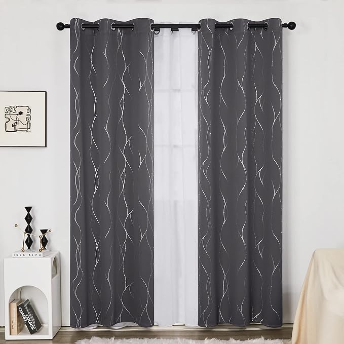 Deconovo Grey Blackout Curtains for Bedroom, Thermal Insulated Soundproof Drapes, Wave Dots Foil Print, 38 x 84 Inches Long, 2 Panels, Machine‑Washable Privacy Window Panel for Living Room Patio Door - Image 2