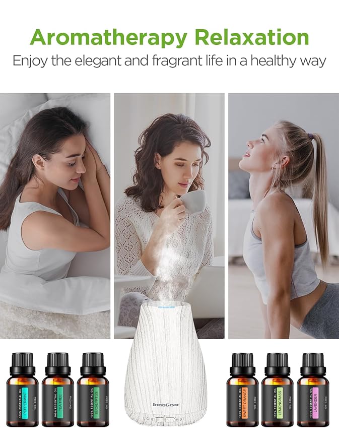 InnoGear Essential Oil Diffuser with Oils, 100ml Aromatherapy Diffuser with 6 Essential Oils Set, Aroma Cool Mist Humidifier Gift Set, Grey Wood Grain - Image 6