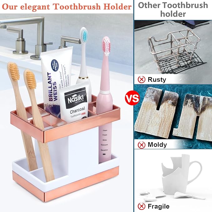 Chintu Kids Toothbrush Holder Set Rust Free Family Toothpaste Holder for Bathroom Countertop, Plastic Toothbrush Organizer Stand, Electric Toothbrush Holder Bathroom Shower Accessories Withe/Rose Gold - Image 3