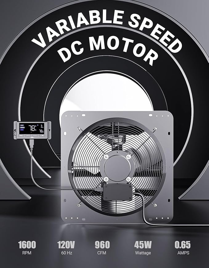 iLIVING 12" Wall Mounted Shutter Exhaust Fan, Automatic Shutter, Temperature and Humidity Controls with Variable Speed, 960 CFM at 1600 RPM DC Motor - Image 2